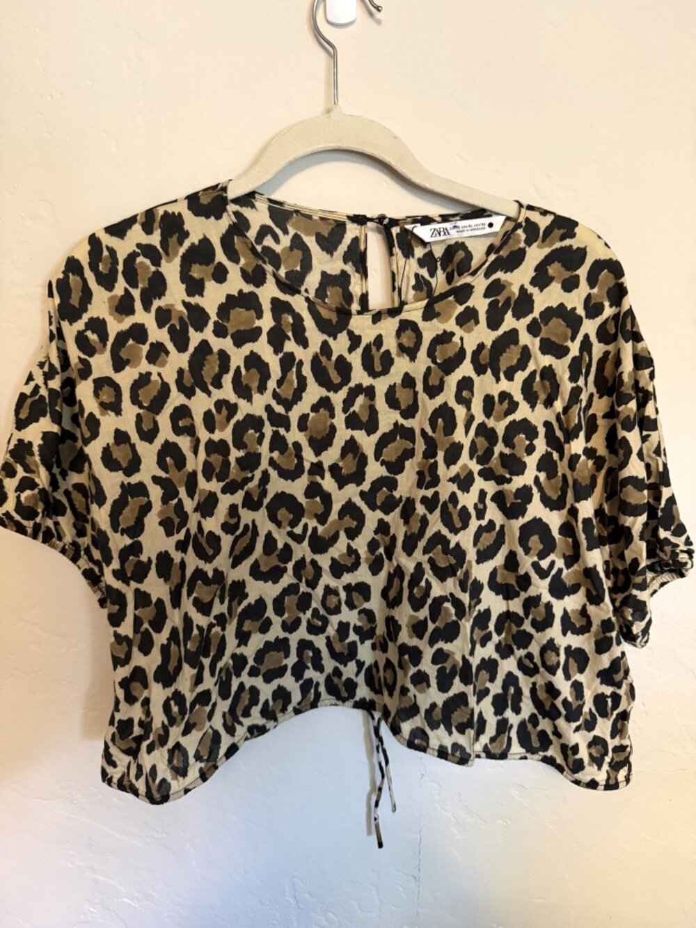 Zara Leopard Print Drawstring Crop Blouse Short Sleeve XL